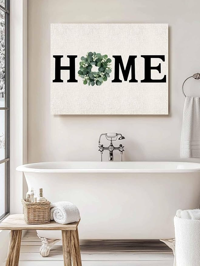 Home Green Eucalyptus Leaves Garland Canvas Wall Art Retro Linen Wall Painting Canvas Picture Prints Framed Artwork for Office Bedroom Bathroom Kitchen Home Decorations,20x16In