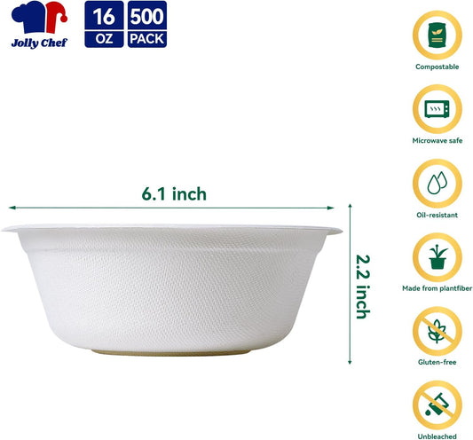 JOLLY CHEF Compostable Disposable Paper Bowl [16 oz] Heavy Duty Soup Containers [500 Pack] Biodegradable Bagasse Hot Cold Food Eco-Friendly Sugarcane Microwavable Bowls for Salad Milk Thanksgiving Day