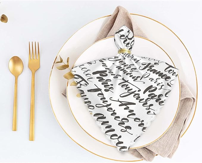 Yibeas Hand Drawn French Words Cloth Napkins Set of 4 Soft Paris, France, Always Love, Thank You and Hello Washable and Reusable Dinner Napkins for Weddings Parties 18 x 18 inch