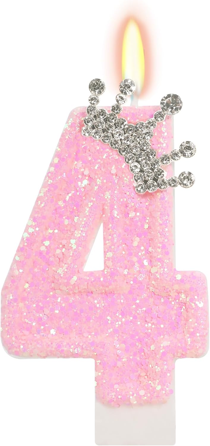 Birthday Candle for Cake, Crown Pink Number Candles, 2.76 inch Cake Topper Decoration for Birthday Party (Number 4)