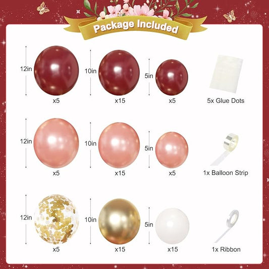 Burgundy Birthday Decorations for Women, Maroon Metallic Rose Gold White Gold Foil Confetti Balloons Happy birthday Banner Gold Butterfly Fringe Curtains Birthday Decorations for Women Girls