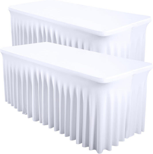 2 Packs White Spandex Table Covers 6 Foot, Fitted Stretch Table Skirts 30x72 Inch, Wrinkle-Free Floor Length Polyester Tablecloths for Weddings Parties Banquets Events Decorations
