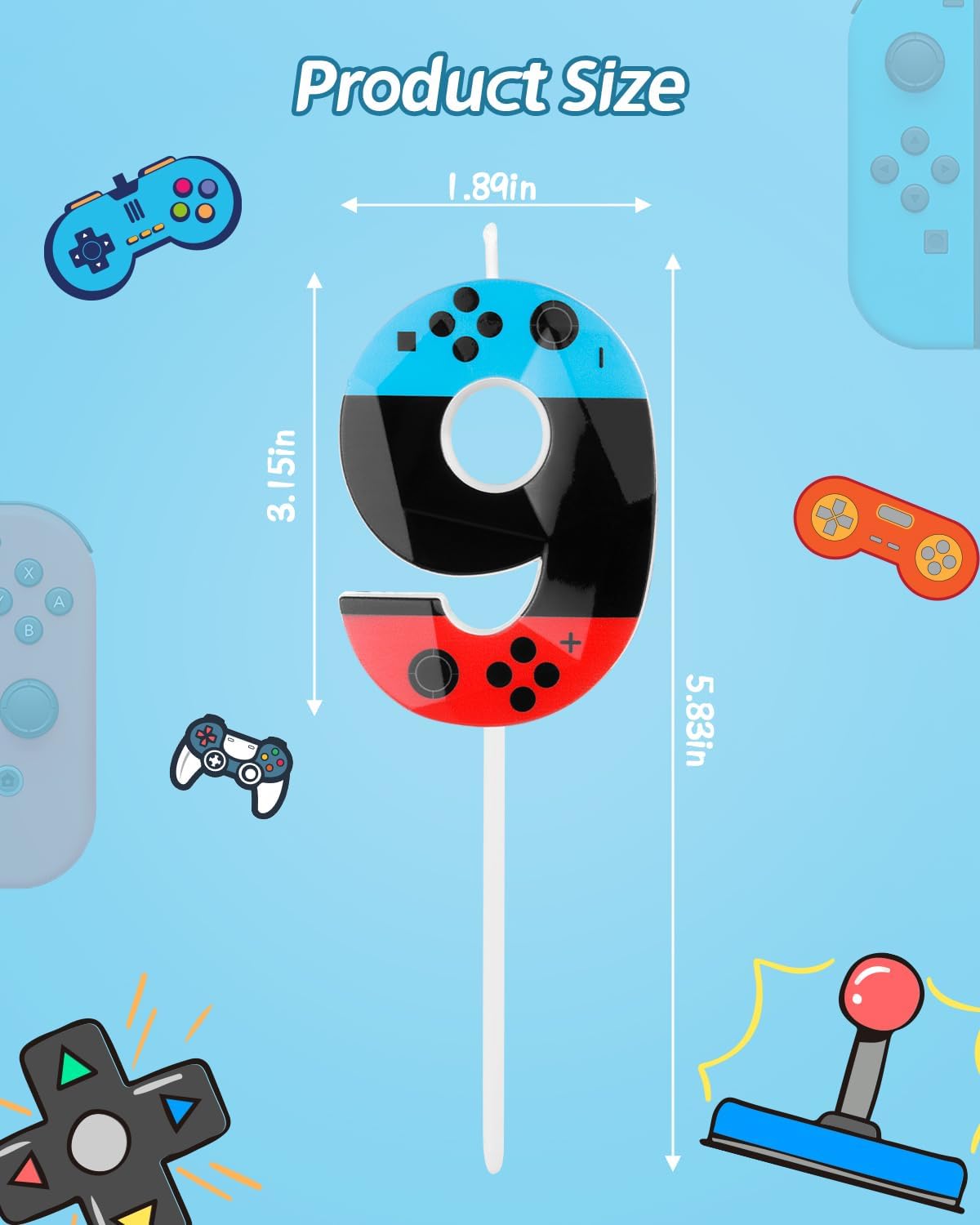 Number 9 Level Birthday Candles, 2.68 inch Gamer Candles, Red Blue Birthday Candles, Game Controller Gamepad Candles,Video Game Controller Themed Kids Boy Girl Party Supplies
