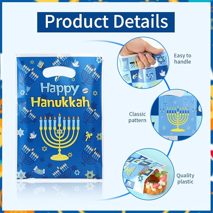 vueuKiGE Hanukkah Gift Bags, 100 PCS Hanukkah Treat Bags with Handles, 7x9.8 Inch Plastic Chanukah Gift Goodie Candy Cookie Bag Jewish Themed Party Favor Bag for Hanukkahs Party Decorations Supplies