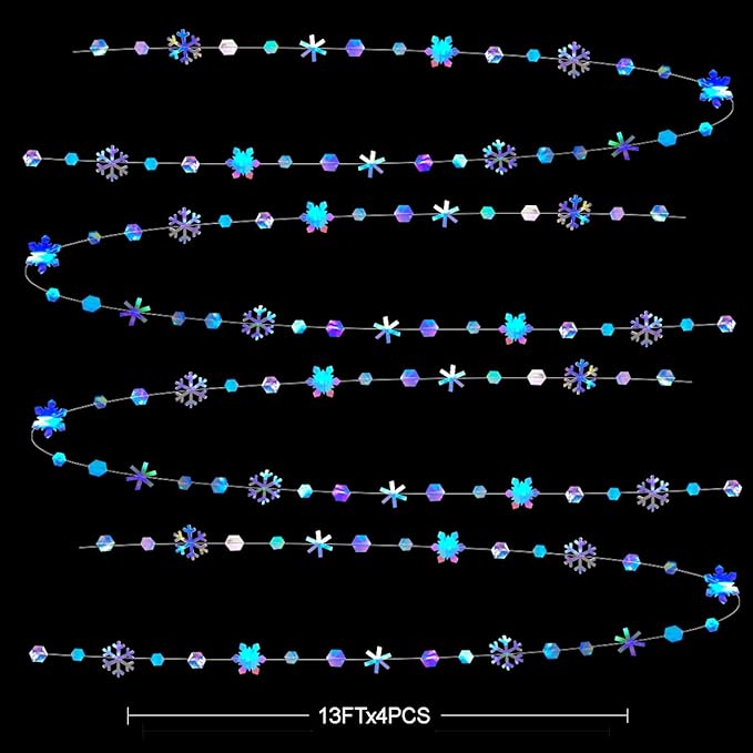 Clearance 52Ft Winter Wonderland Party Decoration Iridescent Snowflake Garland Holographic Paper Snowflake Streamer for Winter Onederland Christmas Frozen Birthday Wedding Bridal Shower Party Supplies