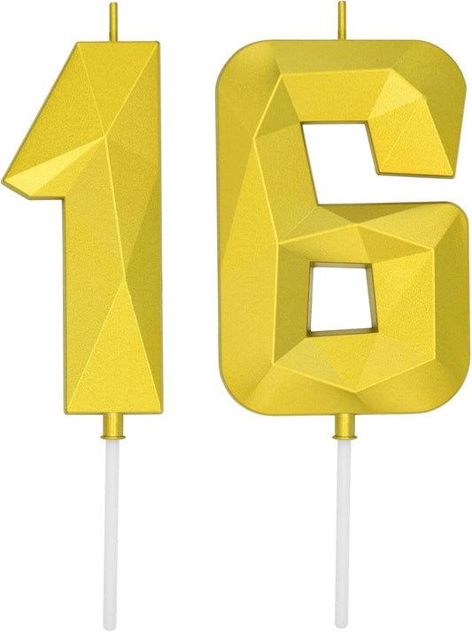 DERVENTA Large Birthday Candle Number 3D Gold 3.7 inch Party Celebration Anniversary Decoration Cake Topper 1 Piece (Number 16 Gold)
