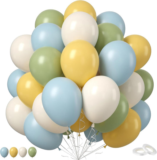 Sage Green Dusty Blue Yellow Balloons, 50PCS 12inch Olive Green Macaron Yellow Mist Blue White Sand Cream Latex Balloon for Birthday Wedding Baby Shower Party Deocrations Supplies