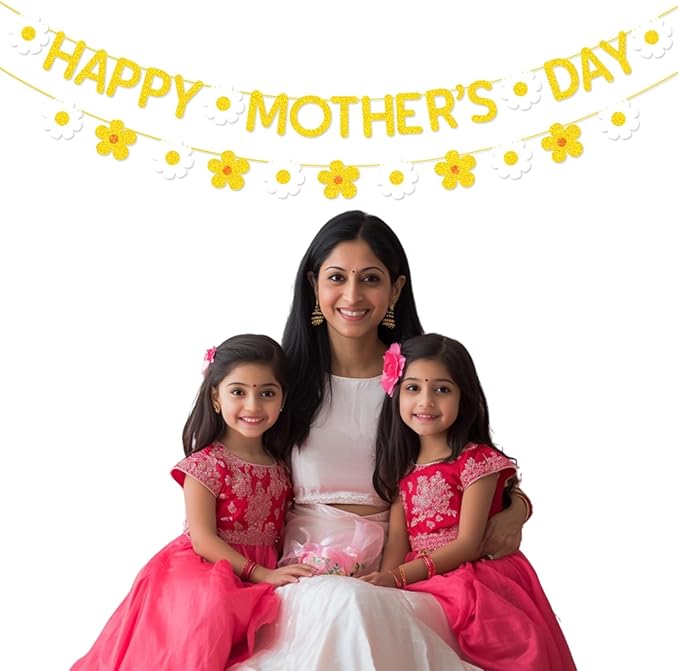 Happy Mother's Day Banner Set Decoration for Mother's Day Party Decorations Backdrop Garland for Mom Mother's Day Glitter Garland Photo Props (Gold Daisy)