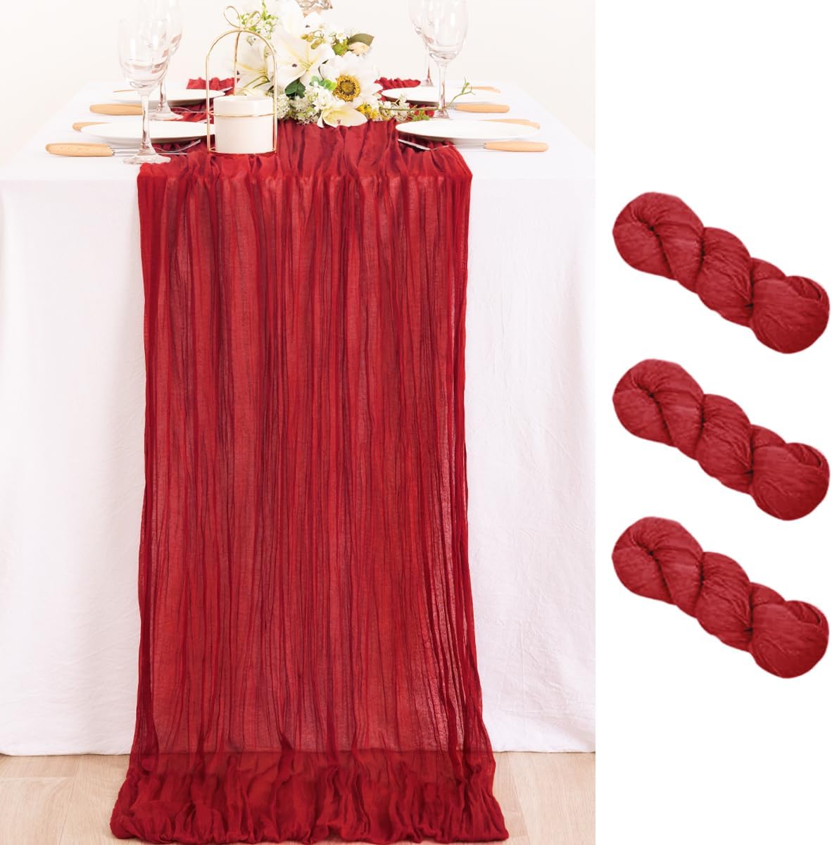 MLMC 3 Pack Red Table Runner Boho Rustic Gauze Fall Cheesecloth Table Runner Cheese Cloth Centerpiece Decor 35x120 Inches for Wedding Winter Reception Halloween Home Decor