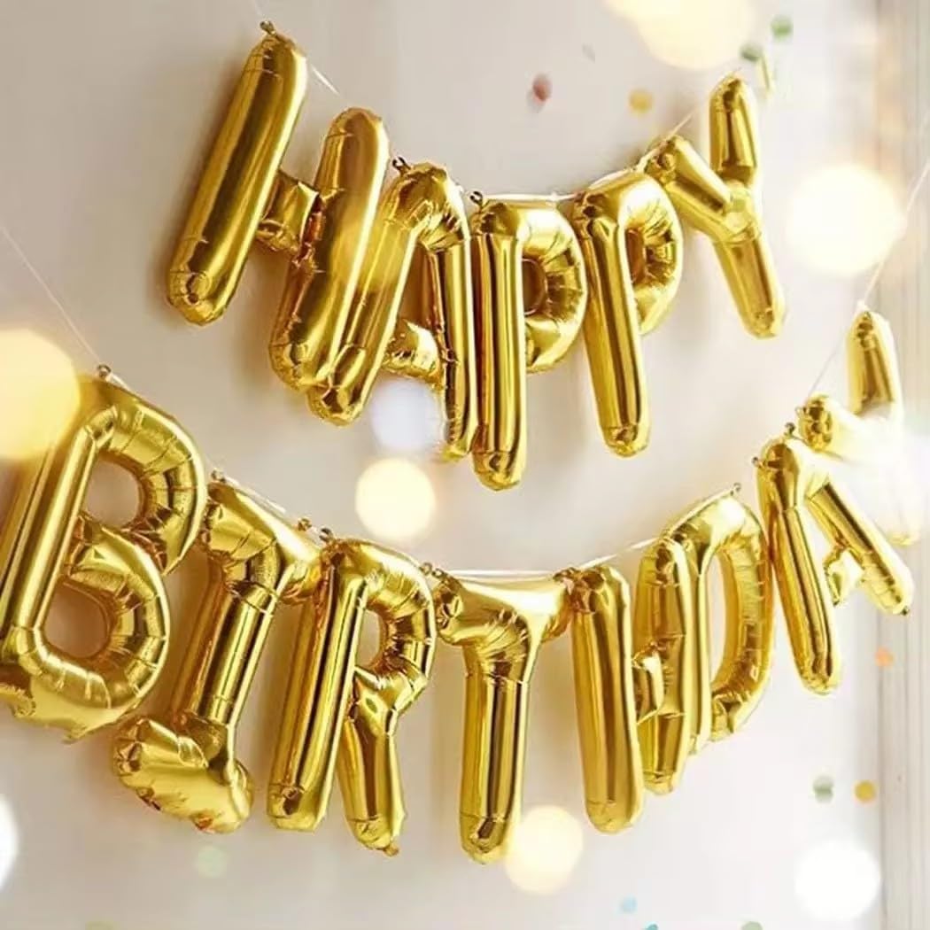 Gold Happy Birthday Banner Balloon Aluminum Foil 16 Inch Letter,10 Inch Five Pointed Star Four Pointed Star Suitable for Kids, Men, Women, Boys and Girls Party Decoration Supplies
