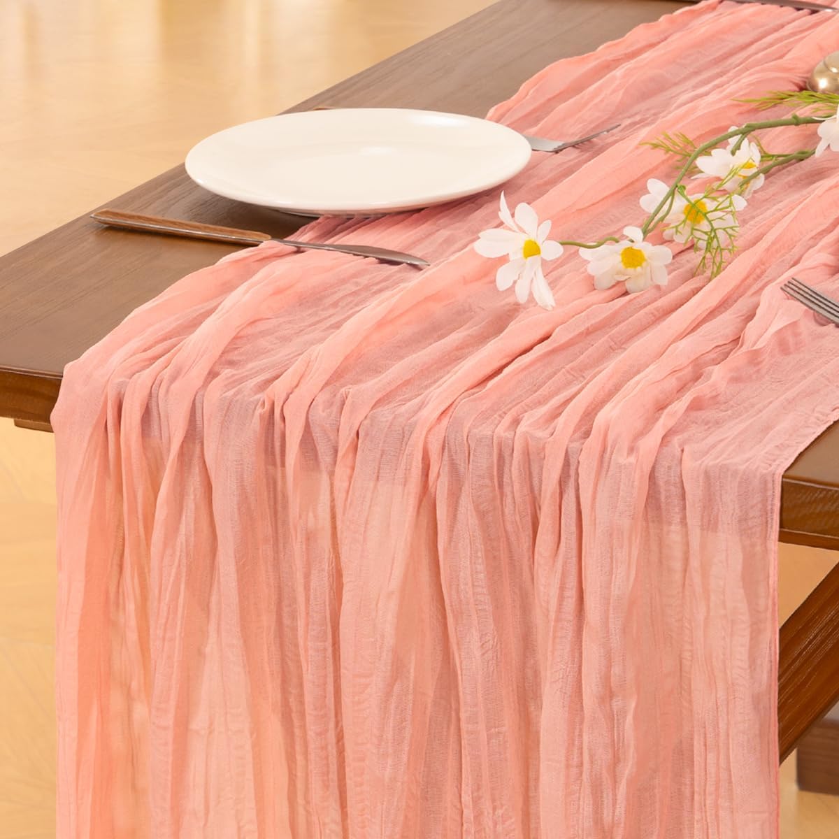 Socomi 3pcs Coral Peach Fall Thanksgiving Cheesecloth Table Runner Boho Rustic Gauze 120 inch 10FT Cheese Cloth Runner for Wedding Party Baby Shower Birthday Home Decor Holiday Decorations