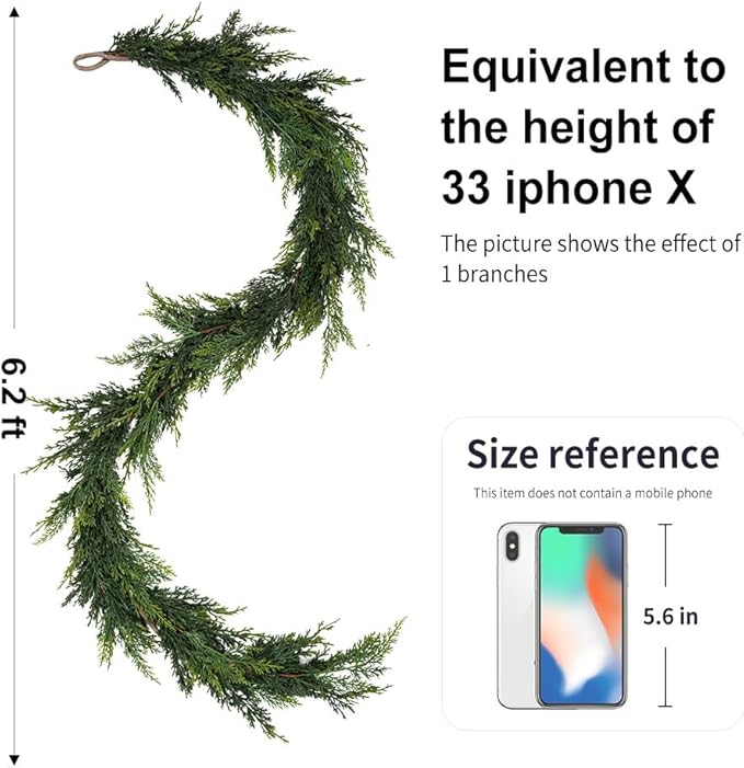 Christmas Cedar Garland,2Pcs 6ft Real Touch Cedar Pine Garland for Mantle Fireplace Outdoor Indoor Christmas Decorations