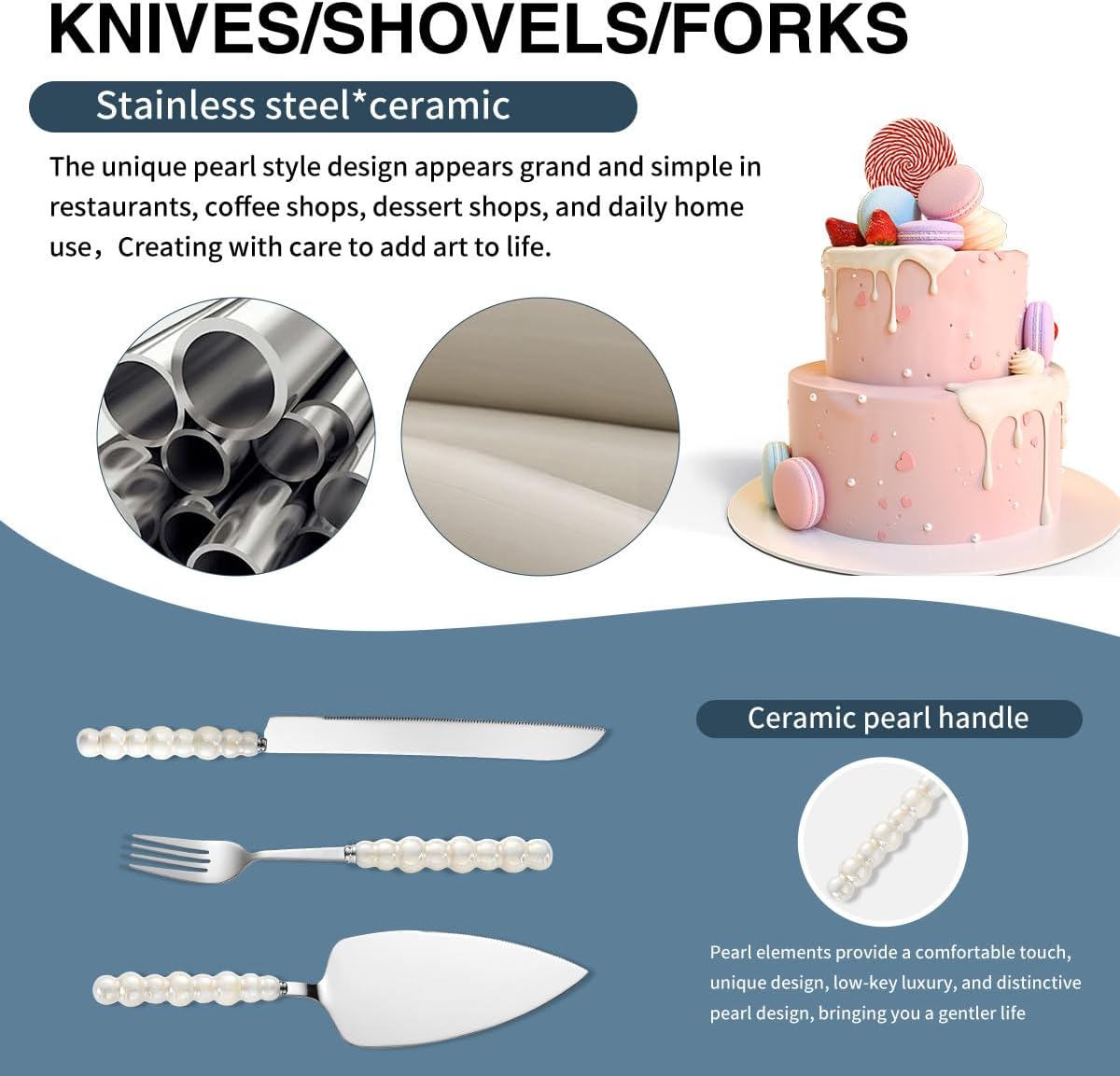 4 Pcs Wedding Cake Knife and Server Set, Ceramic Pearl Handle Cake Cutting Set for Wedding, Stainless Steel Pie Cutter, Bridal Shower Gifts, Engagement Gift for Couples (Gold)