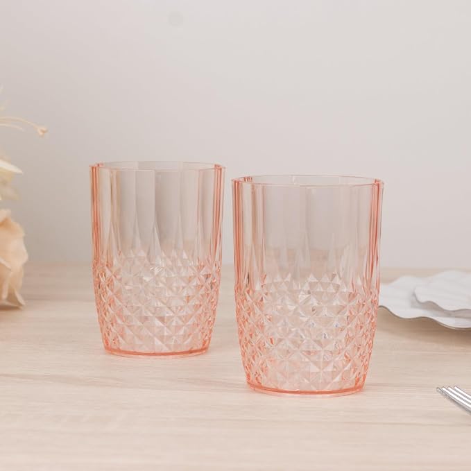 Efavormart 6-Pack Plastic Tumblers, 16oz Unbreakable Drinking Glasses Crystal Cut Style Transparent Blush - Shatterproof Short Cups