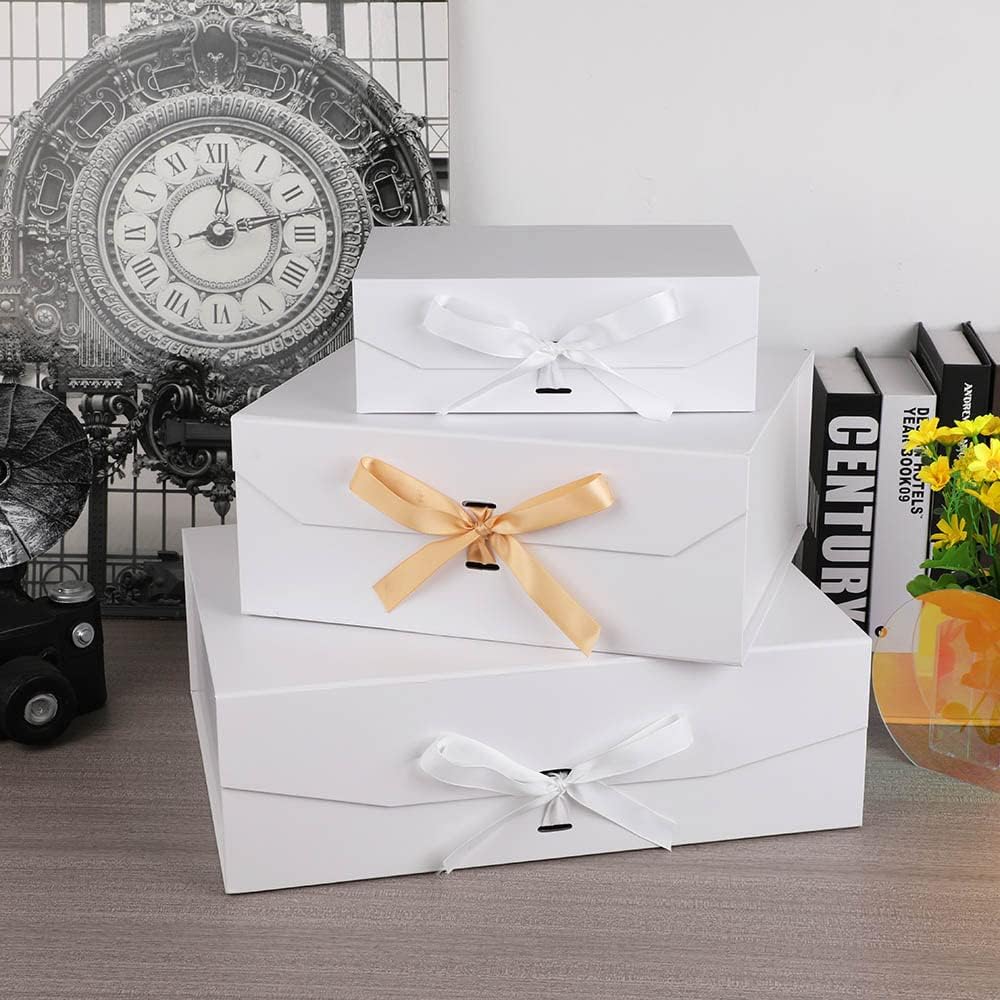 White Gift Box 10x7.3x3.5 Inches, Decorative Box with Ribbon, Empty Gift Box with Lid Magnetic Closure, Groomsman Box, Rectangle Collapsible Gift Boxes for Shirt (Matte White)