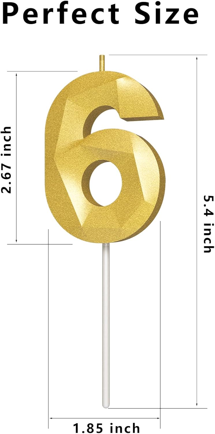 Number Birthday Candles(6 Candle Gold) 3D Diamond Shape Number Happy Birthday Cake Candles for Birthday Party Wedding Decoration Reunions Theme Party