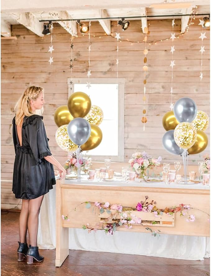 TONIFUL 4 Table Centerpiece Balloon Stand Kit Include Silver Gold Latex Confetti Balloons for 2026 Graduation,New Years 2026,Birthday,Retirement,Christmas,Anniversary Table Party Decoration