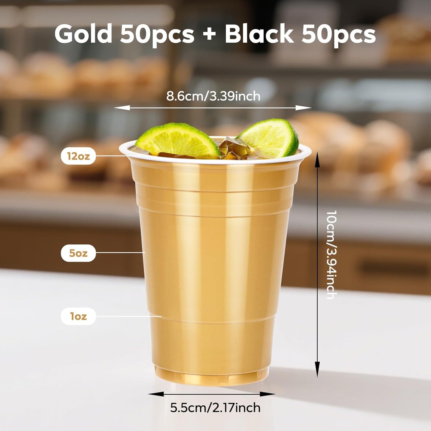 100PCS Black and Gold Plastic Cups, 12oz Disposable Party Cups Bulk Pack, BPA Free Drinkware for Soda Juice Beer Cold Drinks Suitable for Wedding Halloween Thanksgiving Christmas Birthday Celebrations