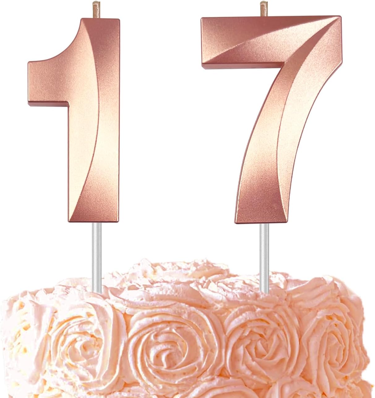 Rose Gold Number 17 Candles, 3D Diamond 2.76 Inch Cake Topper Birthday Candles for Wedding Anniversary Cake Decorations, Happy Birthday Party Decorations