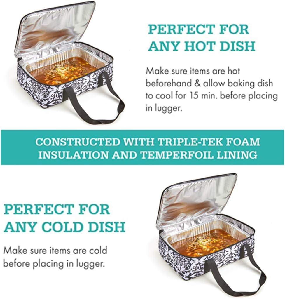 Insulated Casserole Carrier Fit 9"x13" Lasagna Baking Dish Pan for Hot or Cold Food Transport,Portable Reusable Lunch Warmer Tote Bag for Gathering,Camping/Office,Cookouts,Potluck Parties-Black