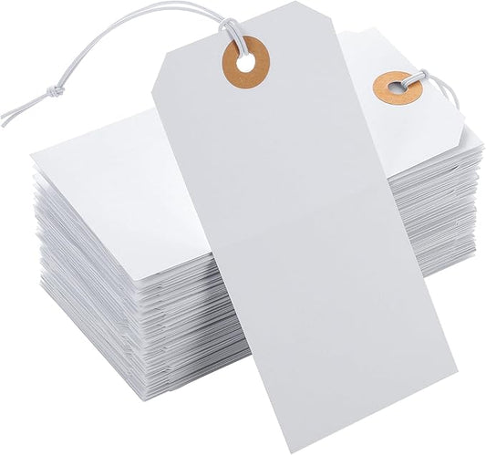 100pcs Large Price Tags with String Attached White Hang Paper Tags with Elastic String Reinforced Hole Writable Valentines Gift Tag Inventory Tag 4.76''×2.36''