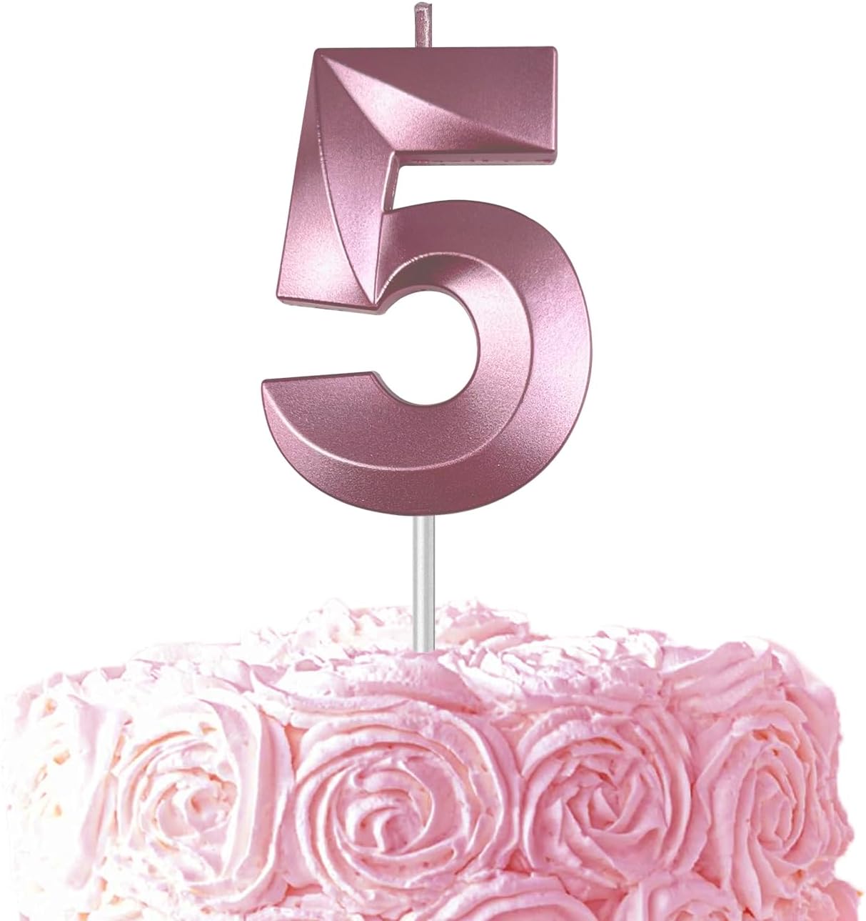 Pink Number 5 Candles, 3D Diamond 2.76 Inch Cake Topper Birthday Candles for Wedding Anniversary Cake Decorations, Happy Birthday Party Decorations