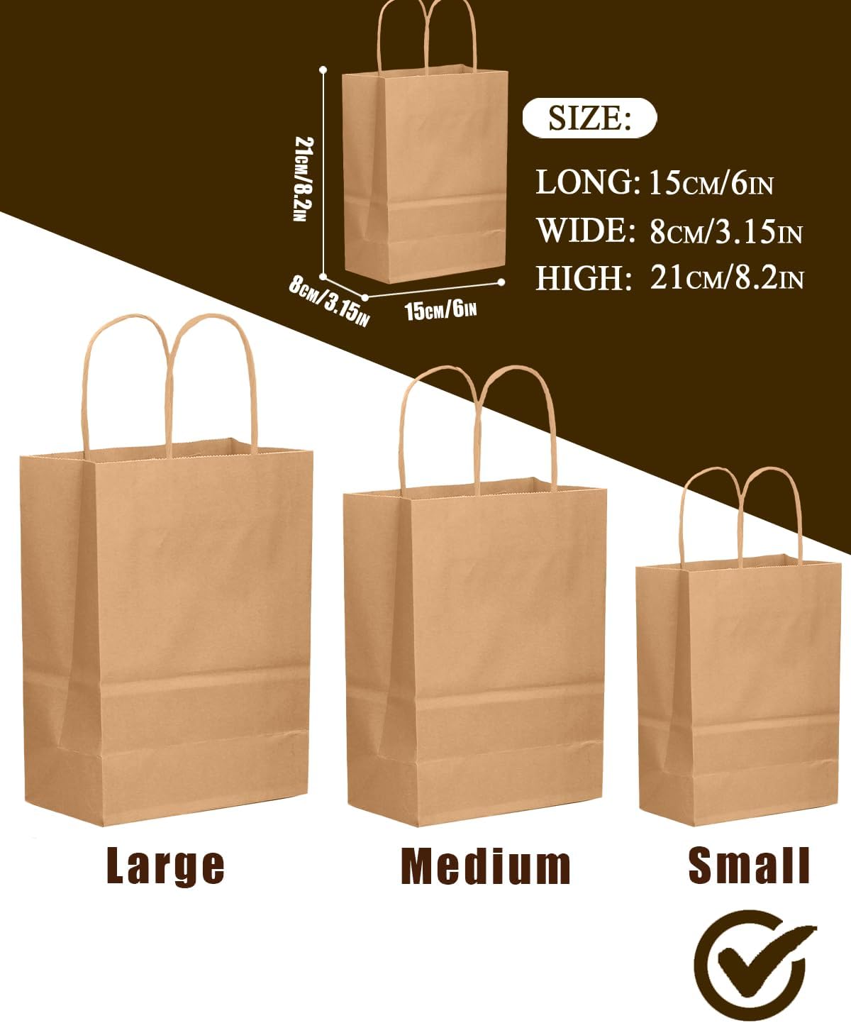 qiqee 200-Packs Brown Paper Gift Bags with Handles Bulk 8.3"x6"x3.15" Small Size Paper Bags Multiple Uses