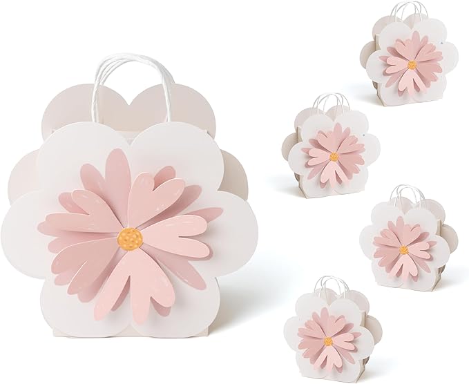 Cheerland Flower Party Favor Bag Pink Daisy Goodie Gift Bags Floral Treat with Handles for Woodland Baby Shower Spring Girls Birthday Wedding Gender Reveal Tea Party Decorations Supplies Pack of 4