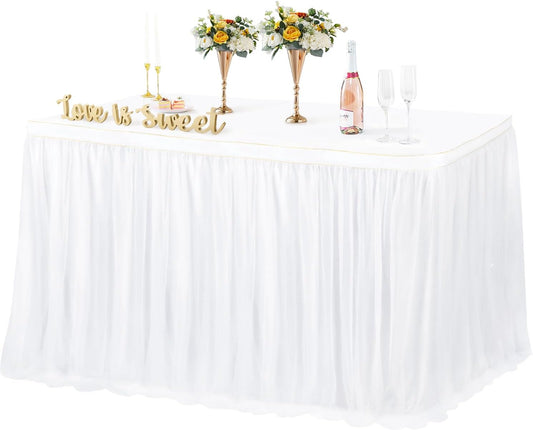 6Ft White Tulle Table Skirts for Rectangle Tables Covers Ruffle Tutu Cloth Tableskirt, 72X30.3'' Tulle Tablecloth For Wedding Round Table Bridal Baby Shower Birthday Banquet Party Decorations