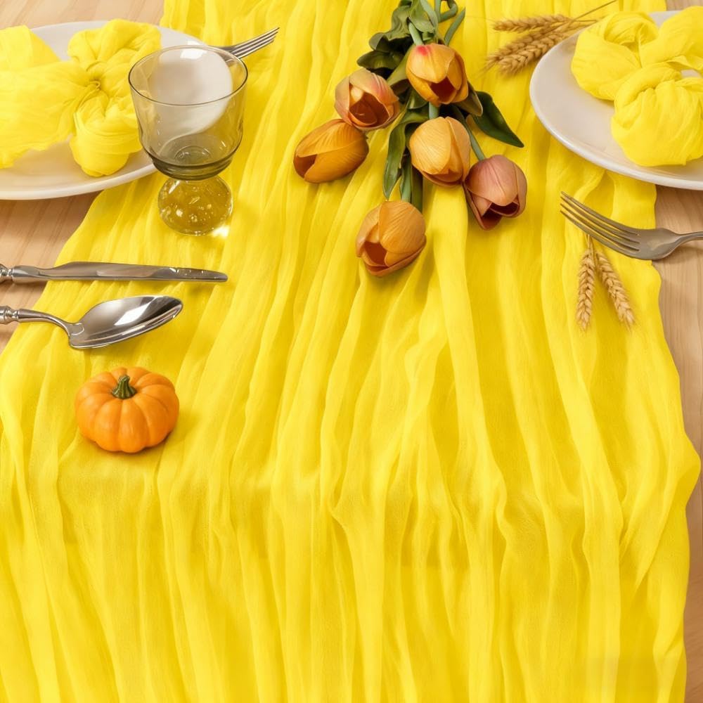 MLMC 3 Pack Yellow Table Runner 10ft Gauze Sheer Cheesecloth Table Runner Cheese Cloth Centerpiece Decororations 35x120 Inches for Wedding Bridal Baby Shower Birthday Party Decor