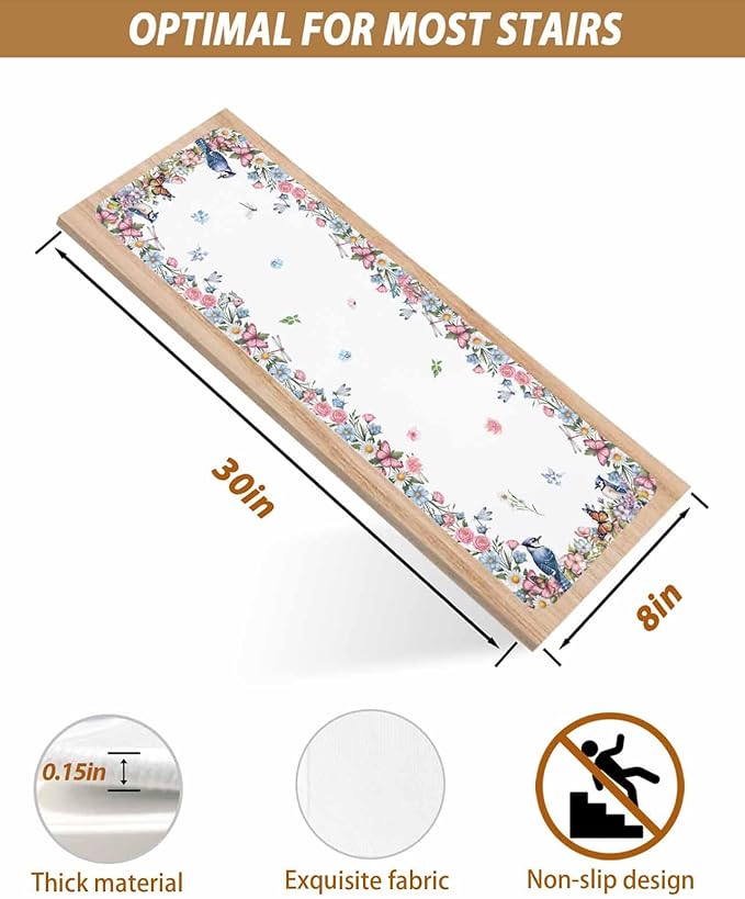 Spring Floral Stair Treads Non Slip for Wooden Steps Blue Pink Wildflowers Leaves Birds Butterflies Stair Runner Carpet Reusable Adhesive Staircase Rugs for Dogs, Elders and Pets, 8x30 Inch, 7PCS