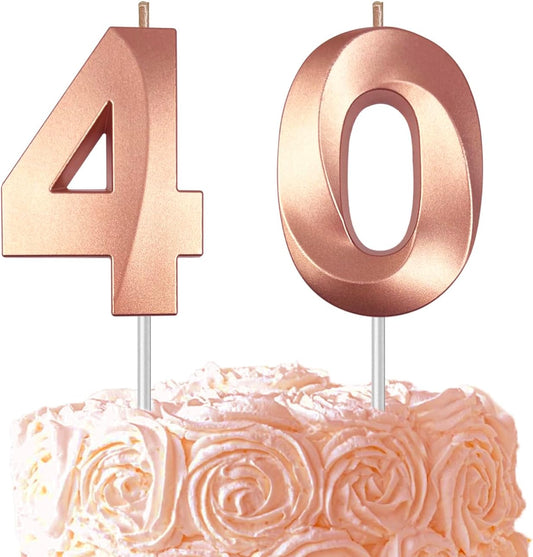 Rose Gold Number 40 Candles, 3D Diamond 2.76 Inch Cake Topper Birthday Candles for Wedding Anniversary Cake Decorations, Happy Birthday Party Decorations