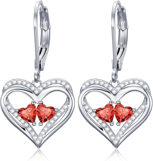 Valentines Day Gifts for Women, Heart Leverback Earrings Double Birthstone Dangle Earrings for Women, Love Jewelry for Her, Anniversary Birthday Gift for Mom Wife Girlfriend