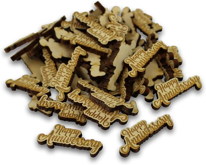 Confetti - Engraved Wood - Rustic Wooden Wedding Decor Party Table Scatter Decorations (Happy Anniversary)