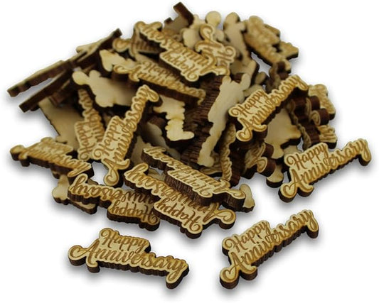 Confetti - Engraved Wood - Rustic Wooden Wedding Decor Party Table Scatter Decorations (Happy Anniversary)