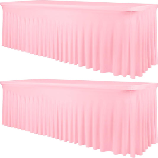 2 Packs Pink Stretch Table Skirts for 8 Foot Rectangle Table, Washable Spandex Stretch Tablecloths with Skirt, Wrinkle Resistant Fitted Tablecover for Wedding Party Banquet