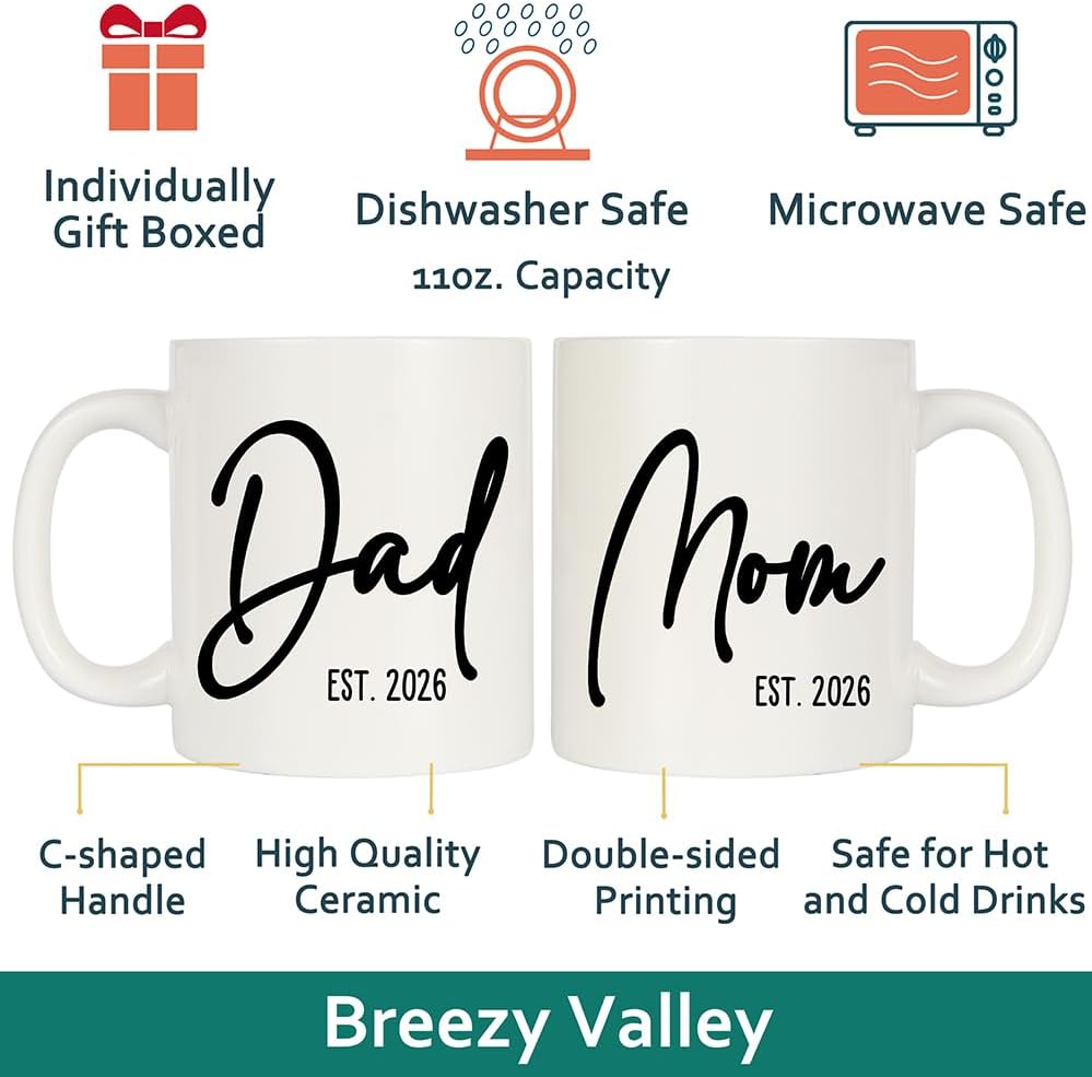 Breezy Valley New Parents Gifts for Couples, Mom Dad Coffee Mugs Est 2026 Cup - First Time Expecting Parents Mom Dad to Be Gifts, Pregnancy Announcement, Baby Shower Gender Reveal Gift for Mommy to Be