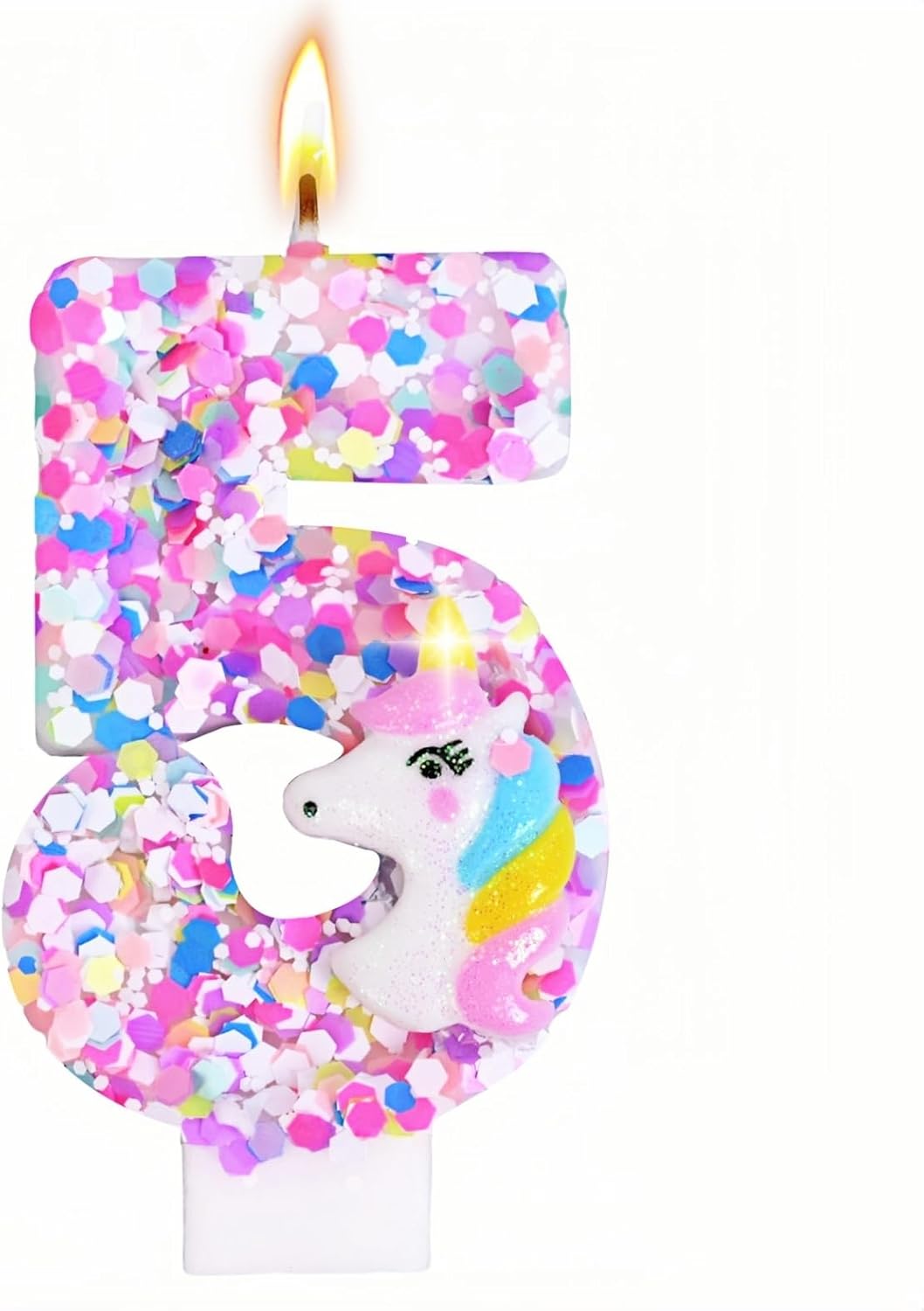 Unicorn Number Birthday Candles Decoration, Unicorn Themed Birthday Party Supplies, Glitter Sequin Birthday Cake Topper for Boy Girl Kids (Number 5)