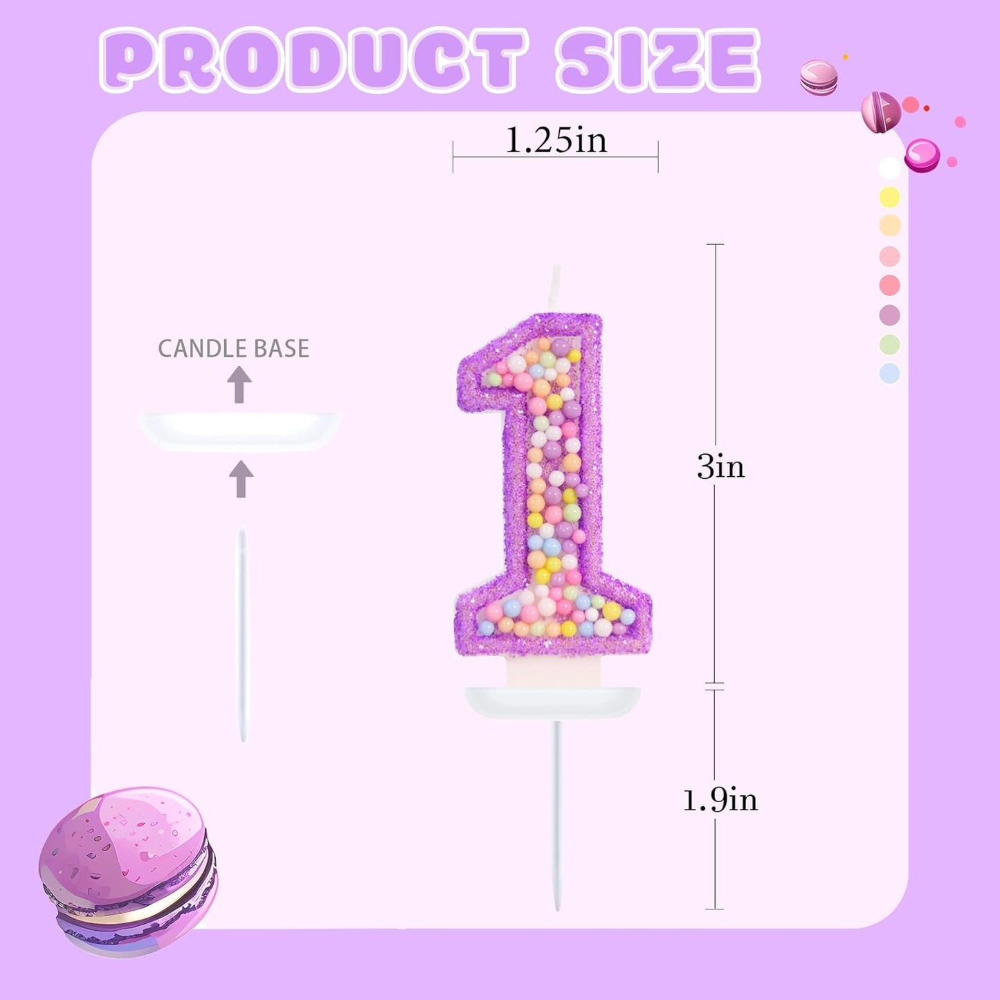 Birthday Candles - Number 1 Candle, Colorful Macaron Candles for Boys/Girls, Purple Party Decorations, Purple Cake Decorations