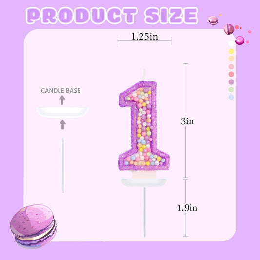 Birthday Candles - Number 1 Candle, Colorful Macaron Candles for Boys/Girls, Purple Party Decorations, Purple Cake Decorations
