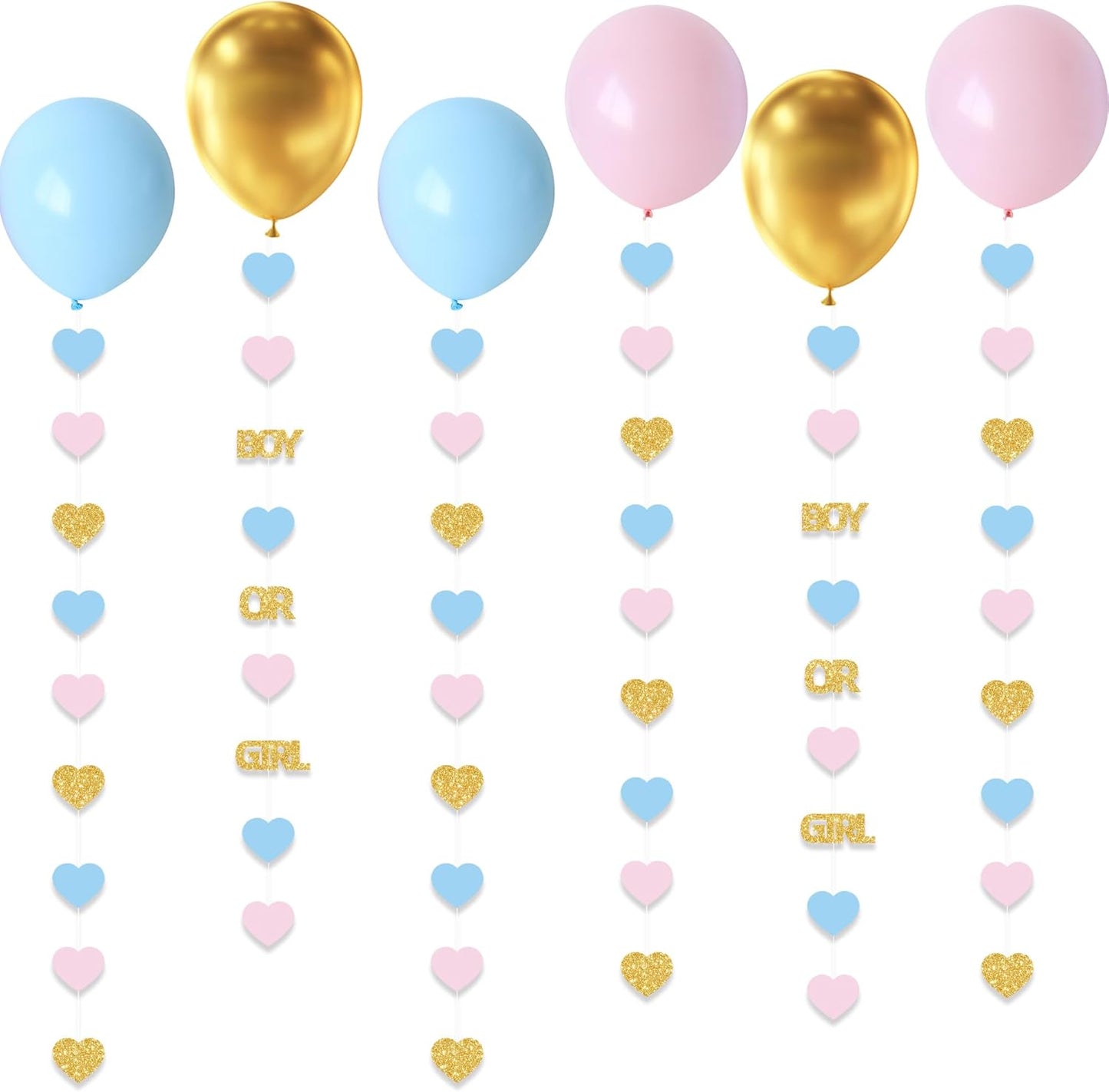 Boy or Girl Gender Reveal Decorations 6PC Pink Blue Gold Hear Garland Balloon Tails for Baby Shower Decor