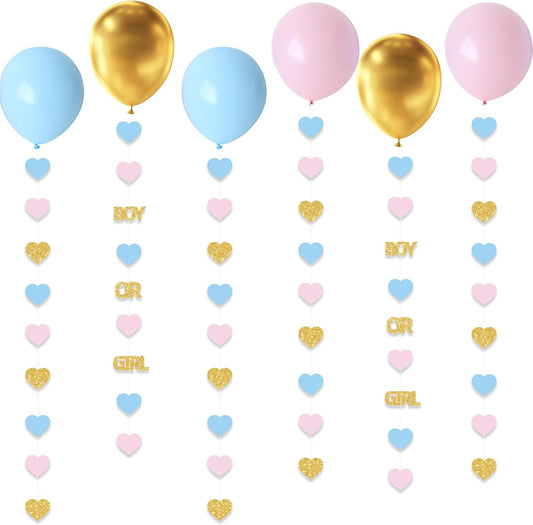 Boy or Girl Gender Reveal Decorations 6PC Pink Blue Gold Hear Garland Balloon Tails for Baby Shower Decor