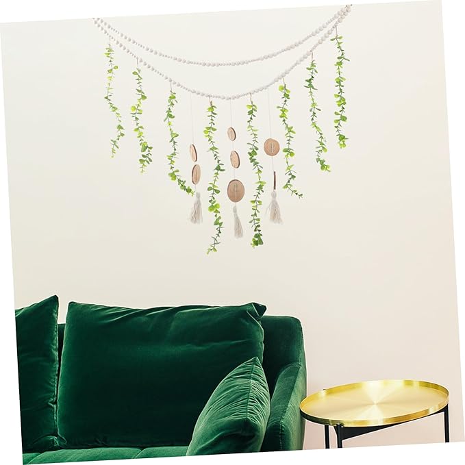 PRETYZOOM Macrame Hanging Photo Display Wooden Beads Elegant Wall Decor for Living Room Farmhouse Beaded Garland for Photos Easy to Install Eucalyptus Leaf Design Boho Aesthetic Home