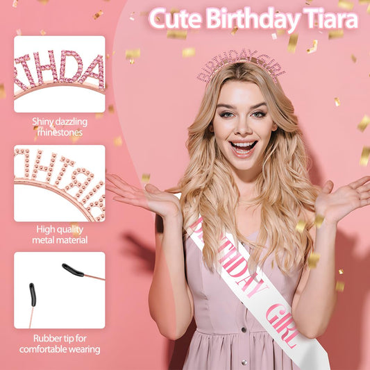 Birthday Girl Princess Black Rhinestone Headband Set - Glitter Sash, Crown, and Tiara Accessories Gift