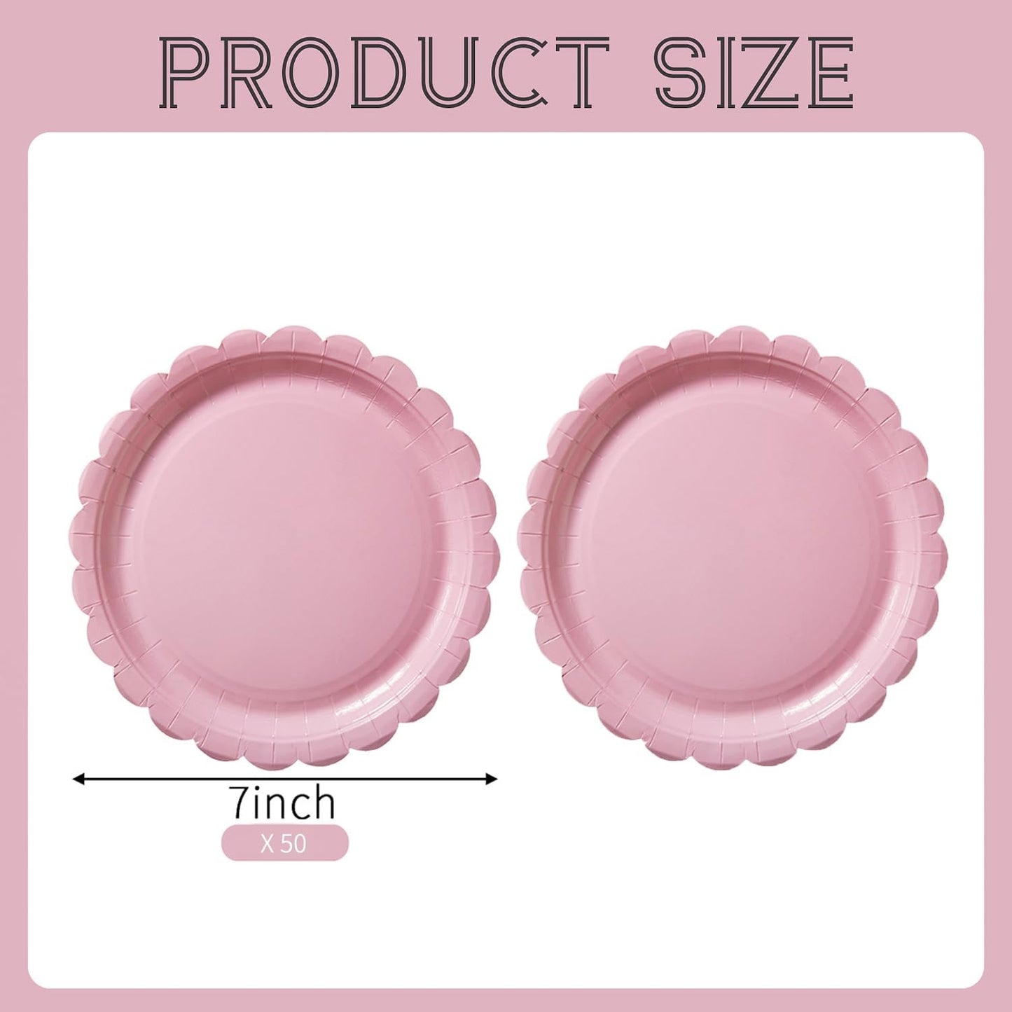 BEFORYOU 50PCS Scalloped Disposable Paper Plates Dessert Cake Party Plates for Baby Shower, Wedding,Bridal Shower Birthday Party Supplies (Pink, 7IN)