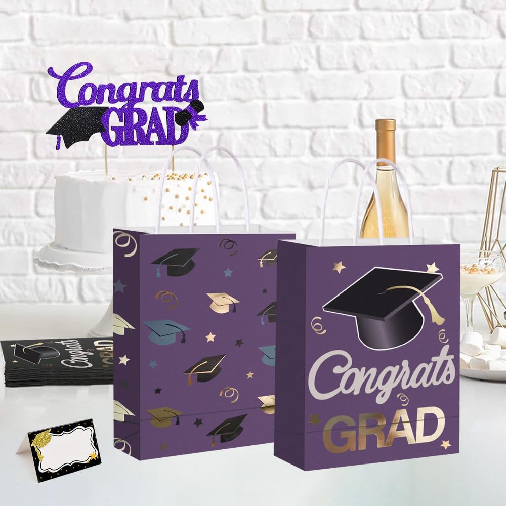 12 Pieces Graduate Gift Bags, Graduation Party Favor Gifts Wrapping Bags for Graduation Season Theme Party Supplies Decoration (Purple Gold)