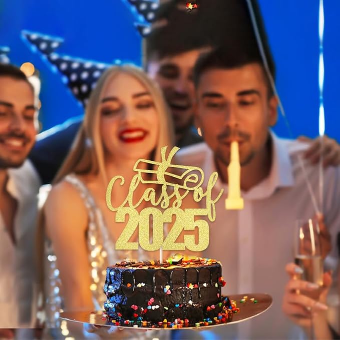 Class of 2025 Cake Topper - Congrats Grad Cake Toppers - Gold Glitter Graduation Party Decorations