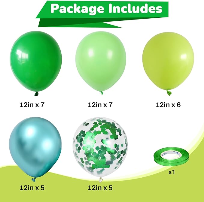 Green Balloons Different Shades Dark Emerald Hunter Forest Lime Metallic Green Latex Balloon Confetti Balloon for Patrick's Day Jungle Safari Birthday Baby Shower Themed Graduation Party Decor
