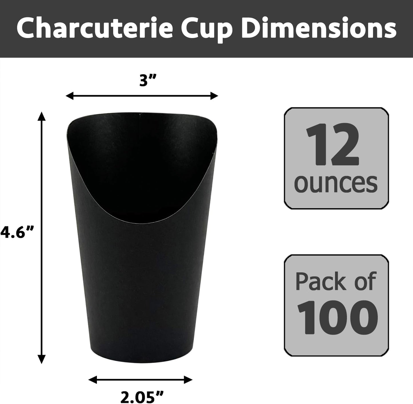 CAMKYDE 100 Pcs French Fries Holder, 12oz Disposable Paper French Fry Cups Black Charcuterie Cups for all Occasions (12oz, Black)