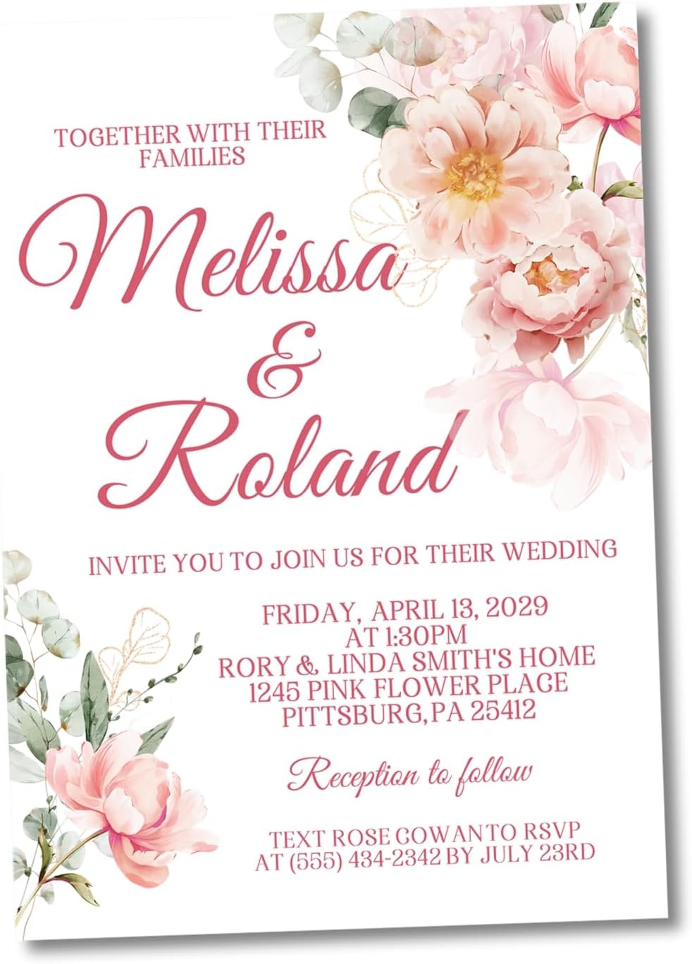Pink & Peach Floral Wedding Invitations, Garden Design, Personalized, Set of 12 Invitations with Envelopes